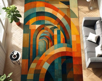 Modern Arch Rug with Retro Mid Century Colors, Abstract Geometric Carpet for Living Room Floor Decor, Bold Art Style Mat for Colorful Homes