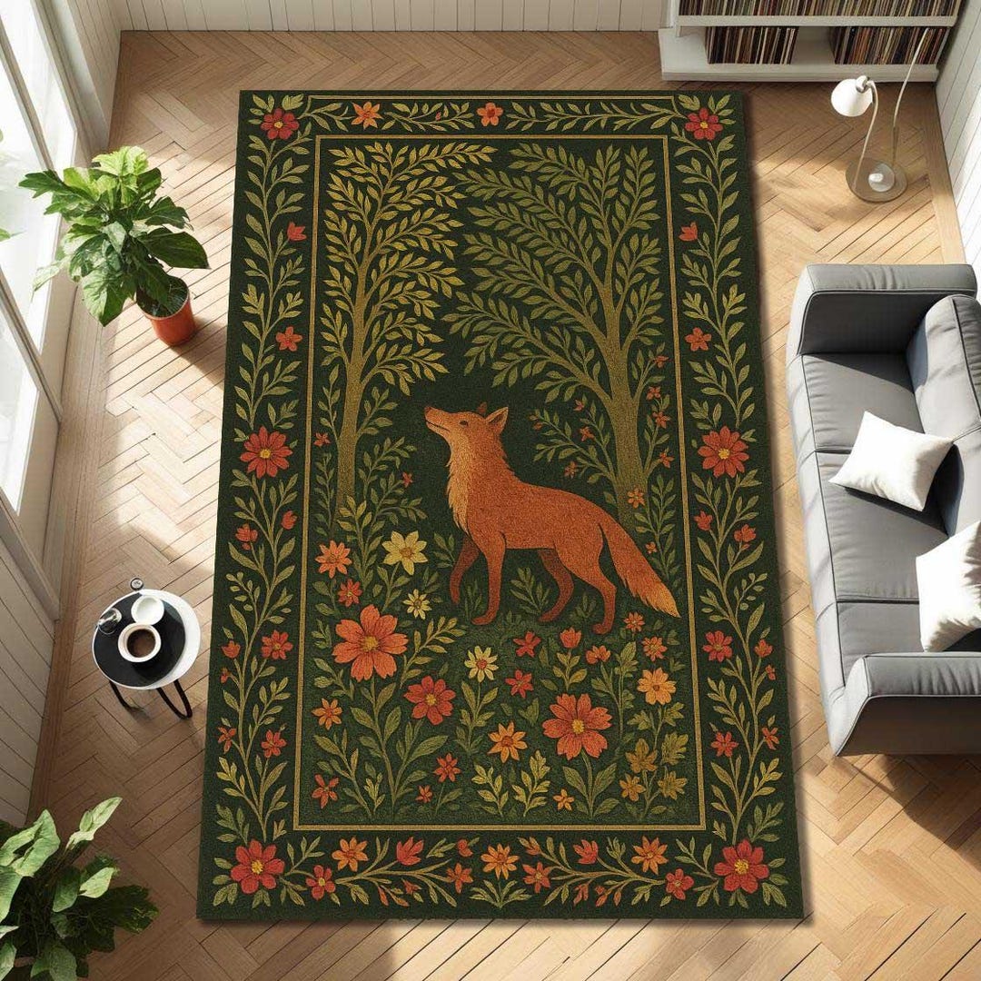 Folk Art Fox Area Rug Woodland Floral Carpet Vintage Forest Animal ...