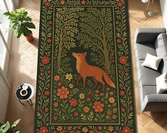 Fuchs-Blumenteppich, Waldteppich mit botanischem Motiv, dunkelgrüner Bodenbelag im Folk-Art-Stil, Cottagecore-Waldteppich, Vintage-Natur-Wohnaccessoire