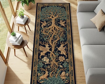 Tree of Life Mythical Runner Rug with Griffin and Forest Animal Motifs for Folklore Hallway Decor, Fantasy Nature Home Accent & Gothic Style