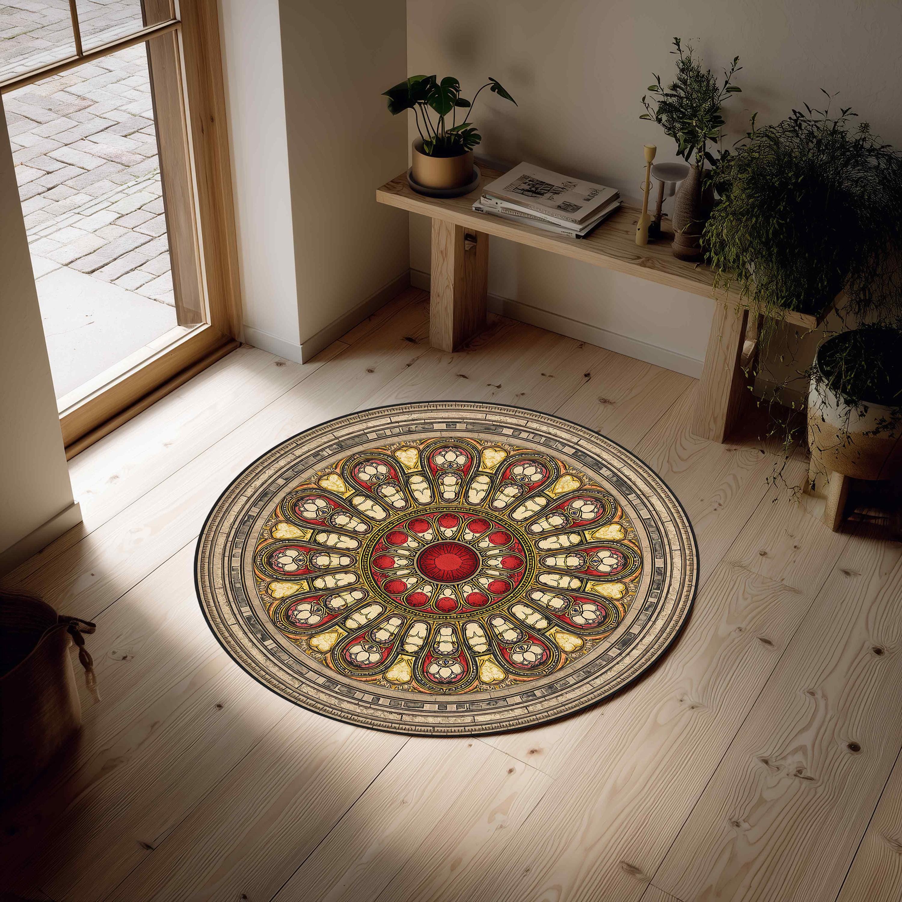 Cathedral Rug Gothic Rose Window Round Rug, Stained Glass Cathedral Area Carpet ...
