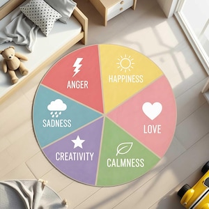 Emotions Clock Round Rug for Kids, Educational Feelings Chart Carpet with Colorful Faces, Toddler Learning Mat for Preschool Classroom Decor