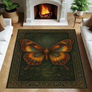 Gothic Butterfly Area Rug with Swallowtail Motif, Ornate Baroque Frame and Mystical Bug Art, Witchcore Floor Carpet for Statement Interiors