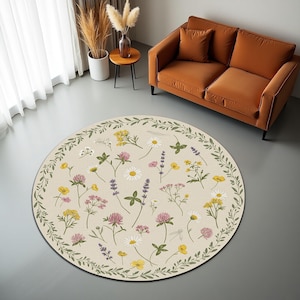 Round Botanical Floral Rug with Wildflower Print in Soft Pastel Colors, Boho Nature Inspired Carpet for Living Room or Bedroom Decor