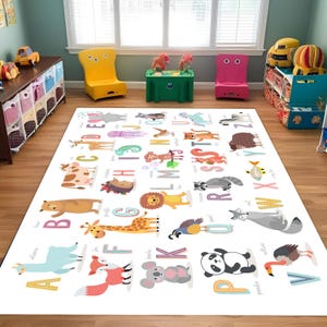 Alfombra infantil con alfabeto de animales ABC, alfombra educativa para guardería con lindas letras de la A a la Z de vida silvestre, tapete de juego para niños pequeños para aprender el alfabeto