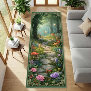 May include: A rectangular area rug featuring a whimsical forest scene with a stone path, mushrooms, and fairies. The rug has a green border with gold accents and is decorated with colorful flowers and foliage. The design evokes a fairytale theme.