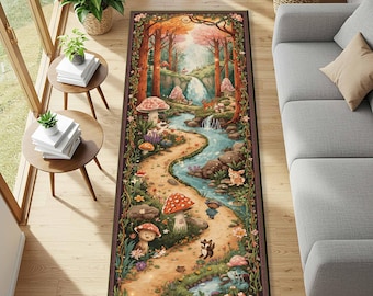 Whimsical Forest Runner Rug, Mushroom River Carpet with Fairy Tale Path Art, Cottagecore Hallway Mat, Woodland Nursery Decor Gift for Kids