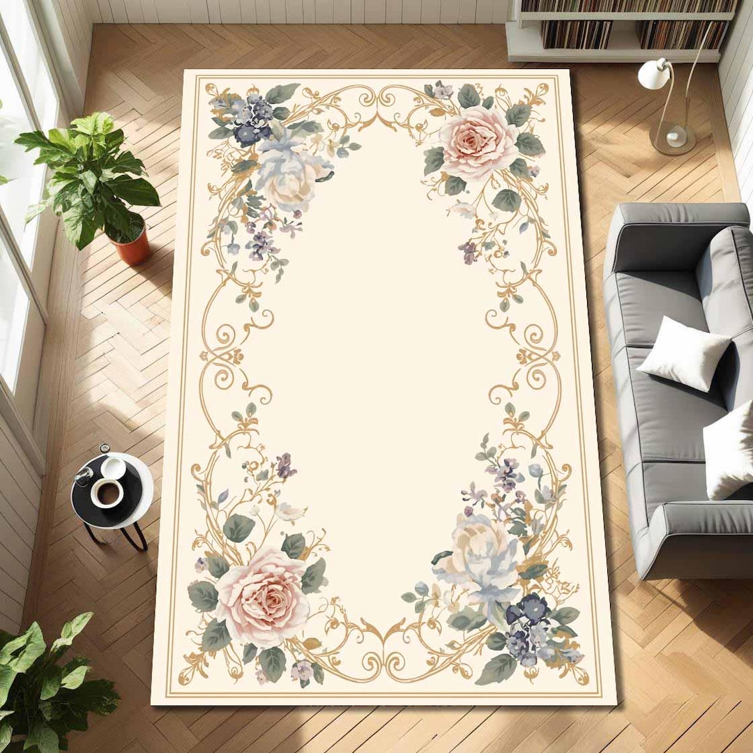 Ivory Floral Area Rug, Vintage Rose Carpet With Gold Scroll Border ...