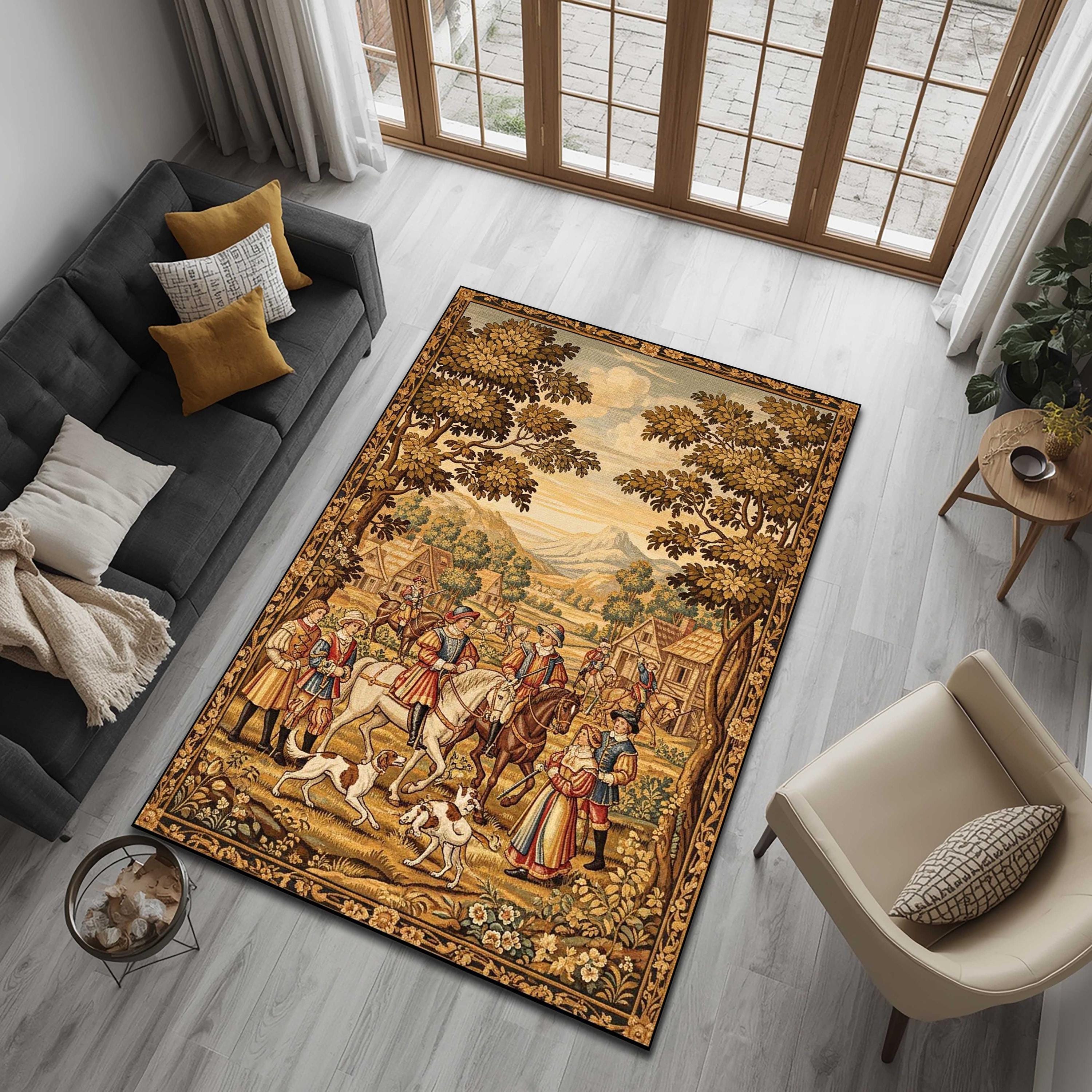 Medieval Tapestry Scene Rug, Vintage Equestrian Village Landscape ...