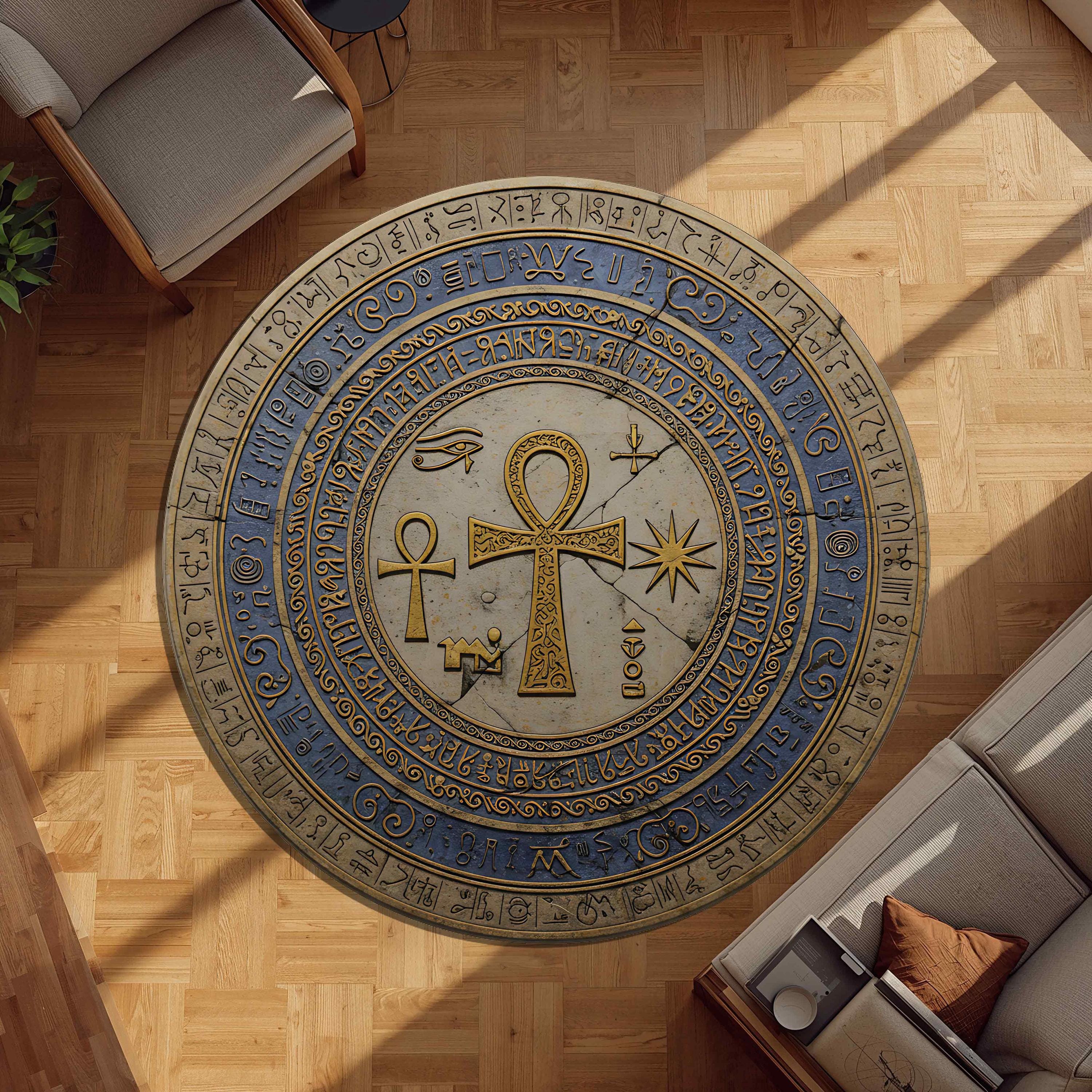 Egyptian Ankh Round Rug, Ancient Hieroglyph Circle Carpet, Gold Blue ...