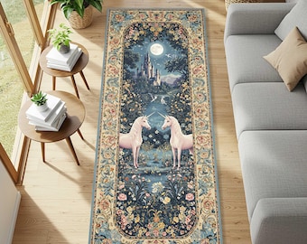 Moonlit Unicorn Castle Runner Rug, Fantasy Tapestry Floral Border Hallway Carpet, Cottagecore Fairy Tale Decor for Entryway Bedroom Nursery