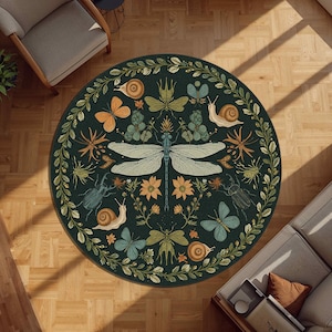 Insect Garden Round Rug, Botanical Bug Carpet with Snail, Dragonfly and Beetle Motifs, Whimsical Nature Decor for Fairycore Spaces