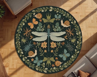 Rond tapijt insectentuin, botanisch insectentapijt met slak-, libel- en kevermotieven, grillig natuurdecor voor sprookjesachtige ruimtes