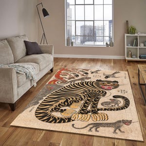 Korean Tiger Rug, Traditional Minhwa Art Carpet, Folk Style Animal Area Rug, Cultural Oriental Home Decor, Unique Living Room Rug