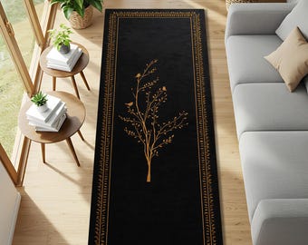 Black Minimalist Tree Runner Rug, Elegant Gold Branch Bird Hallway Carpet, Modern Botanical Luxury Floor Decor for Entryway Home Art