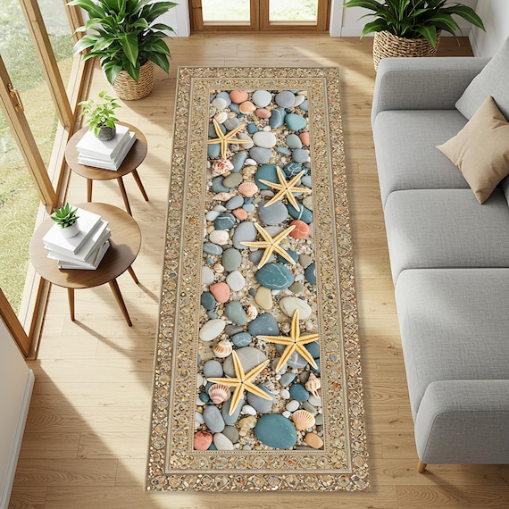 Beach Pebble Runner Rug with Starfish & Seashells, Coastal Summer Floor Mat, Ocean Theme Hallway Kitchen Entryway Decor, Nautical Sand