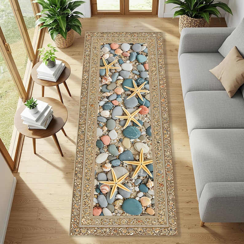 Beach Pebble Runner Rug with Starfish & Seashells, Coastal Summer Floor Mat, Ocean Theme Hallway Kitchen Entryway Decor, Nautical Sand image 1
