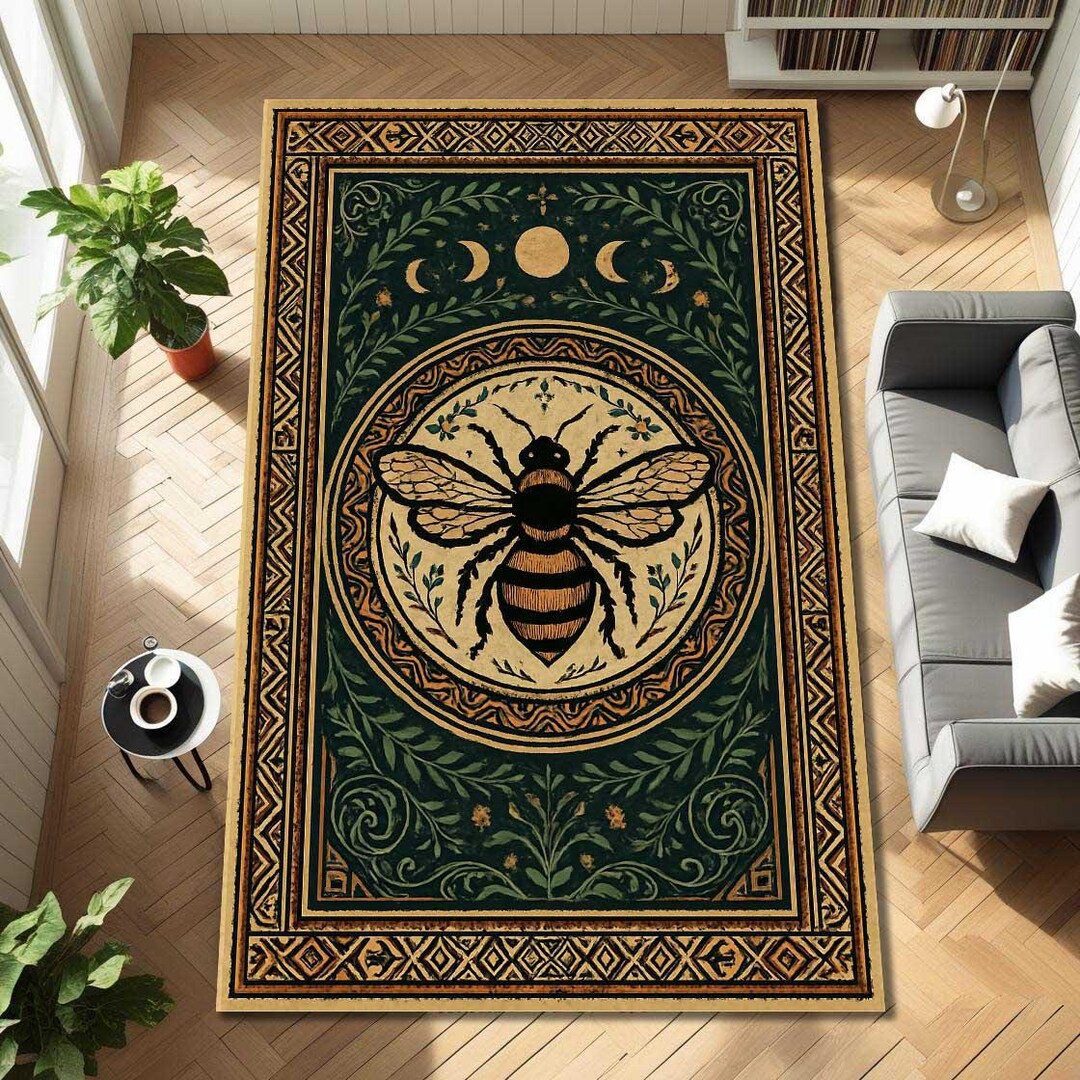 Celestial Bee Rug Dark Green, Moon Phases Botanical Folk Art Carpet ...