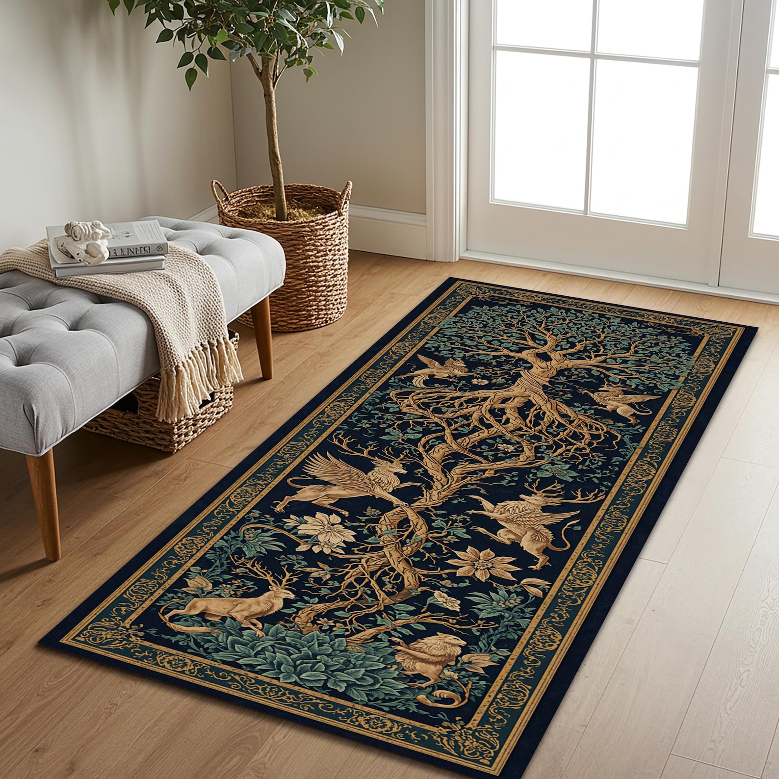 Tree of Life Mythical Runner Rug With Griffin and Forest Animal Motifs ...