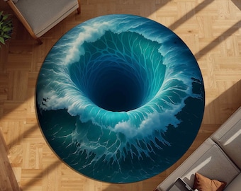 Alfombra redonda Ocean Vortex 3D con diseño de olas y remolinos, alfombra azul con diseño de agujero en el mar, decoración costera playera, alfombra redonda náutica moderna para sala de estar.