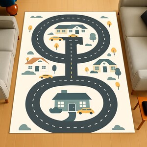 Minimalistischer Straßenteppich für Kinder, weiche Autospur und Hausstadtkarte Spielmatte in Pastellfarben, lernfähiger Teppich für Vorschul- oder Kleinkindzimmer