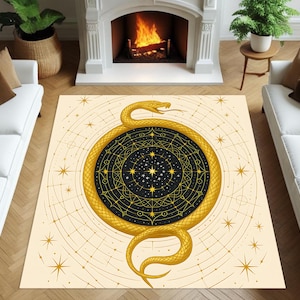 Rond tapijt Ouroboros-slang met gouden mandala en kaart van de hemelse sterren, esoterisch occult tapijt voor heksachtig decor en mystieke spirituele ruimtes
