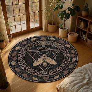 Occult Insect Round Rug with Alchemy Symbols and Mystic Geometry, Dark Gothic Witchy Carpet for Spiritual Decor and Alternative Room Vibe