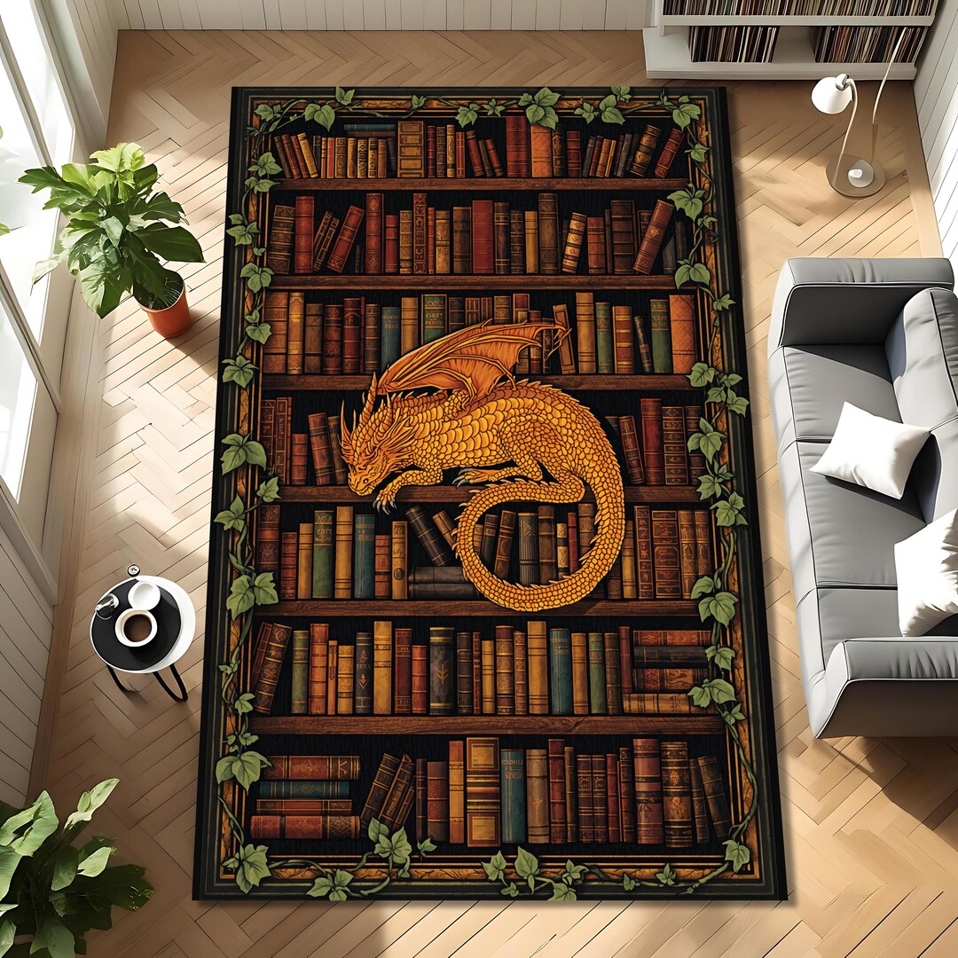 Literary Rug Dragon Library Bookshelf Rug, Fantasy Book Lover Area Rug, Dark ...