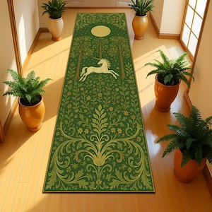 Mystical Unicorn Runner Rug with Golden Forest & Moon Detail, Enchanted Green Botanical Carpet for Fantasy Hallway or Whimsical Interior Use