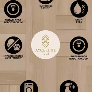 May include: Image showcasing a rug with features like custom size, stain-free, and machine washable. The design is pet-friendly and suitable for robot vacuums. The brand name "AYCELUXE RUGS" is also visible.