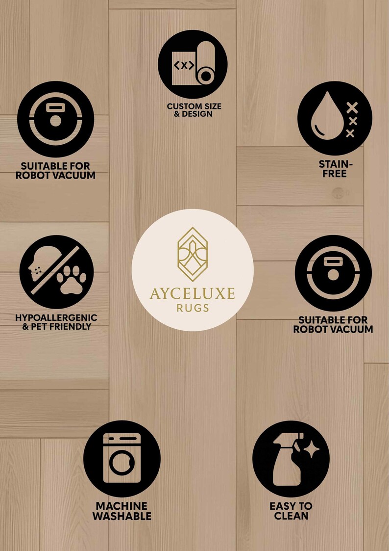 May include: Image showcasing a rug with features like custom size, stain-free, and machine washable. The design is pet-friendly and suitable for robot vacuums. The brand name "AYCELUXE RUGS" is also visible.
