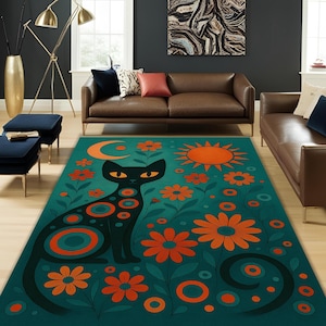 Mystic Black Cat Rug with Sun, Moon and Floral Symbols – Boho Gothic Carpet for Witchy Decor, Dark Room Vibes and Magical Interiors