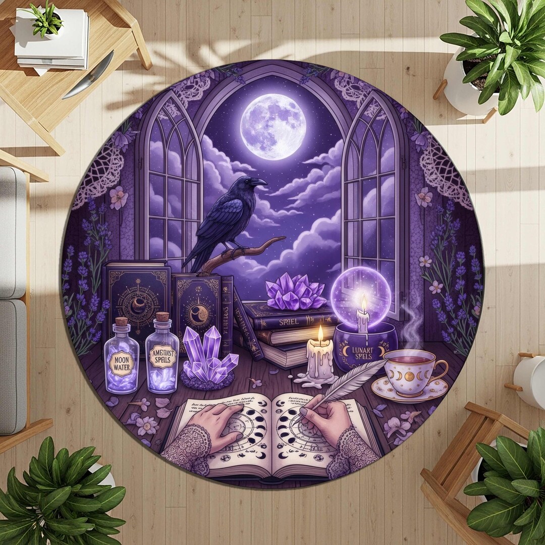 Spell Circle Rug Witchy Raven Round Rug, Gothic Moon Carpet With Spell Books and ...