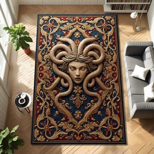 May include: A rectangular rug with a Medusa design. The rug has a dark blue background with gold and red detailing. The central image is a sculpted Medusa head with snakes, creating a striking visual.