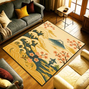 Japanese Wave Rug, Sakura Blossom Carpet, Mount Fuji Zen Mat, Asian Art Decor, Yellow Ocean Design, Cherry Flower Rug, Oriental Nature Style