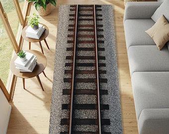 Alfombra con diseño de vías de tren, alfombra para pasillo con temática ferroviaria, tapete industrial para locomotora, decoración rústica para el hogar, regalo original.