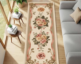 Vintage Rose Runner Rug Shabby Chic Floral Hallway Carpet French Country Cottagecore Long Entryway Floor Accent Mat Botanical Art Decor