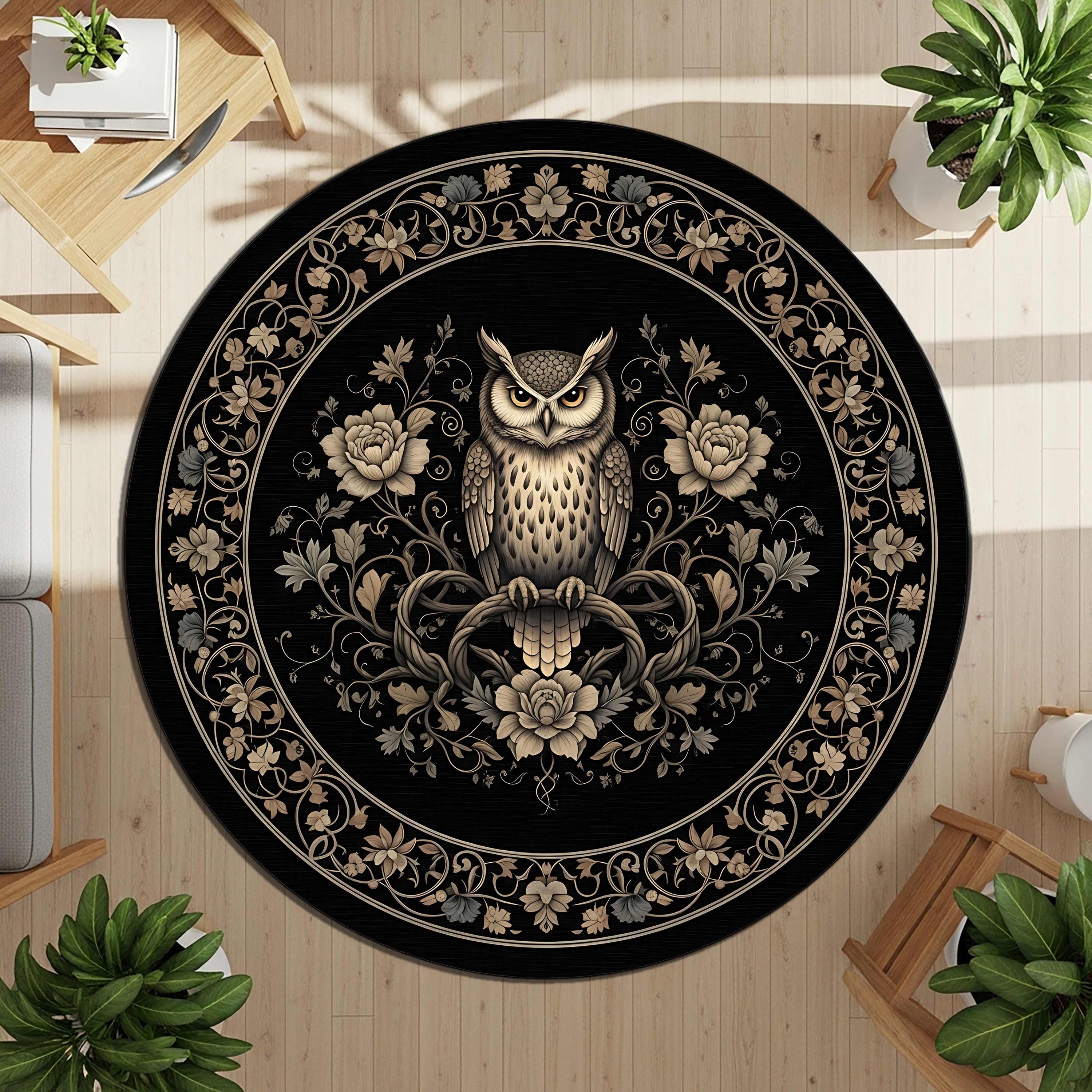 Gothic Owl Round Rug, Mystical Bird Carpet with Floral Border, Occult Boho Moon Decor Mat, Spiritual