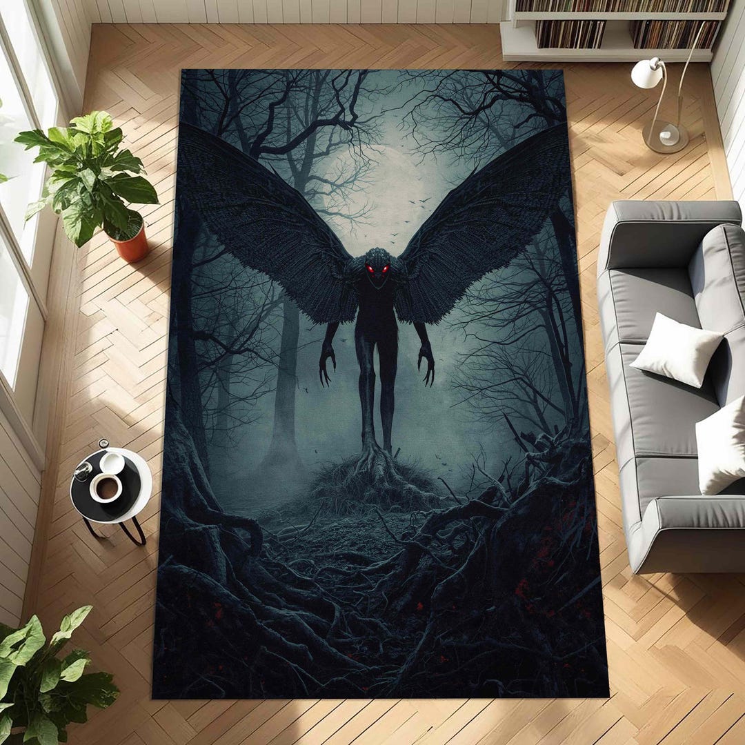 Cryptid Forest Rug With Mothman Silhouette and Dark Folklore Style ...