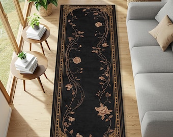 Dark Rose Runner Rug For Gothic Cottagecore Hallways, Elvish Floral Corridor Mat For Witchcore Interiors, Vintage Botanical Floor Art