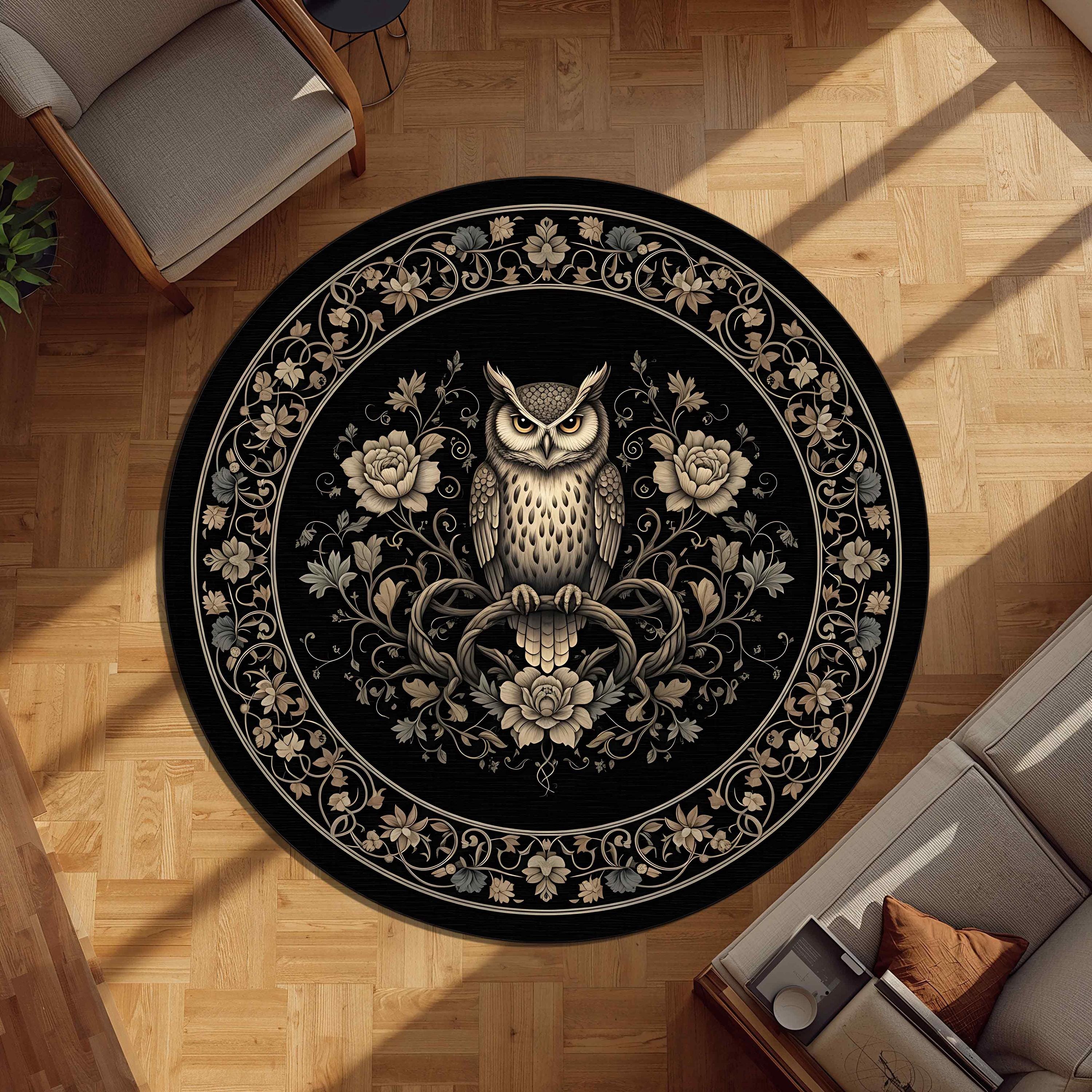 Gothic Owl Round Rug, Black Floral Circle Carpet, Vintage Moonlit Forest Decor, Dark Academia Home A