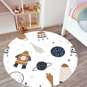 Space Theme Round Rug for Kids Room, Soft Educational Galaxy Carpet with Rockets and Planets, Toddler Play Mat for Cosmic Nursery Decor