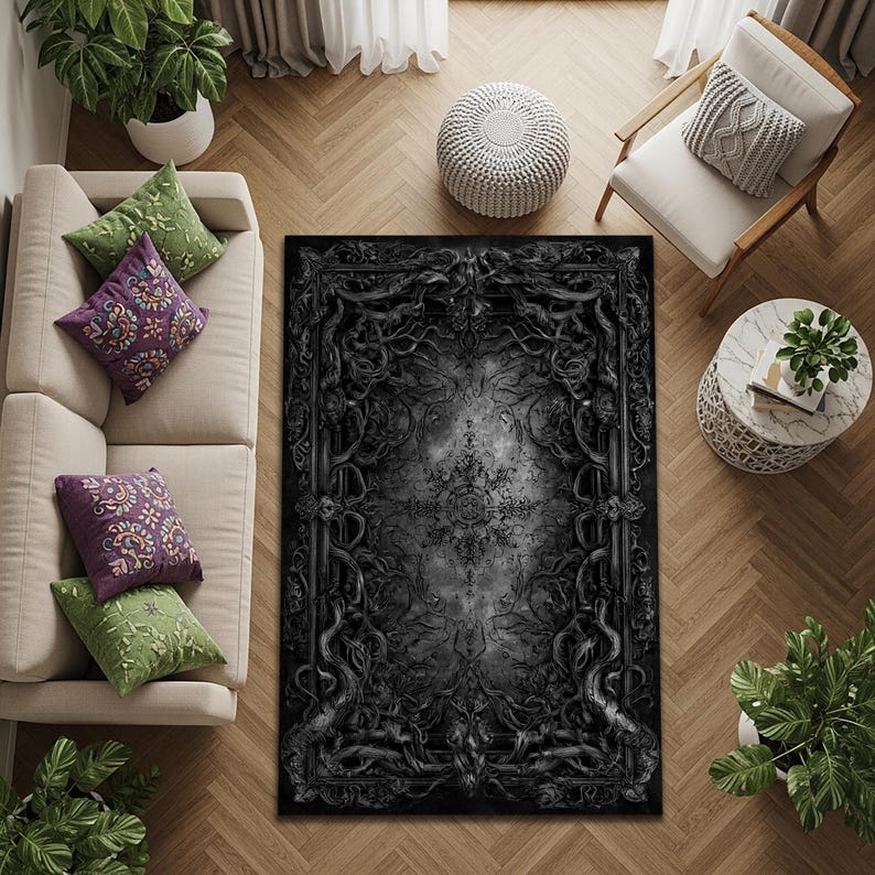 Gothic Rug For Library Gothic Grimoire Rug, Black Ornate Book Cover Carpet, Dark Academia ...