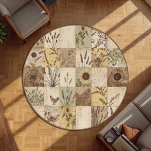 Round Farmhouse Patchwork Rug, Rustic Botanical Sunflower & Chicken Collage Carpet, Country Cottage Kitchen Living Room Decor Gift