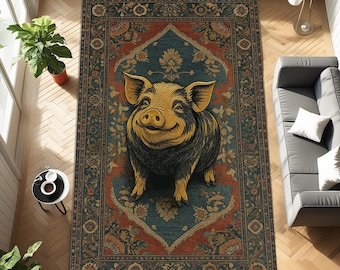 Vintage Pig Area Rug, Rustic Farmhouse Animal Carpet, Floral Folk Art Decor, Country Cottage Living Room Bedroom Cute Home Accent Gift