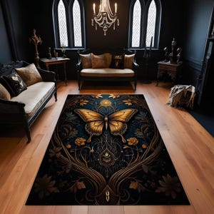 Gothic Butterfly Rug, Dark Baroque Moth Carpet, Mystical Insect Floor Mat, Elegant Vintage Nature Decor, Boho Dark Floral Room Rug