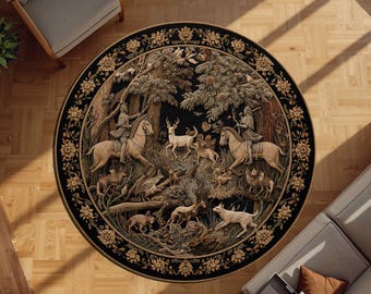 Vintage Forest Hunt Round Rug Medieval Tapestry Carpet Woodland Animal Scene Rug Rustic Cabin Decor Round Living Room Floor Accent Mat