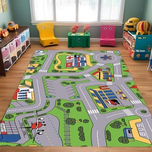 Airport City Road Play Rug with Car Track Design, Educational Traffic Mat for Kids Room, Fun Vehicle Carpet for Toddler Play Area