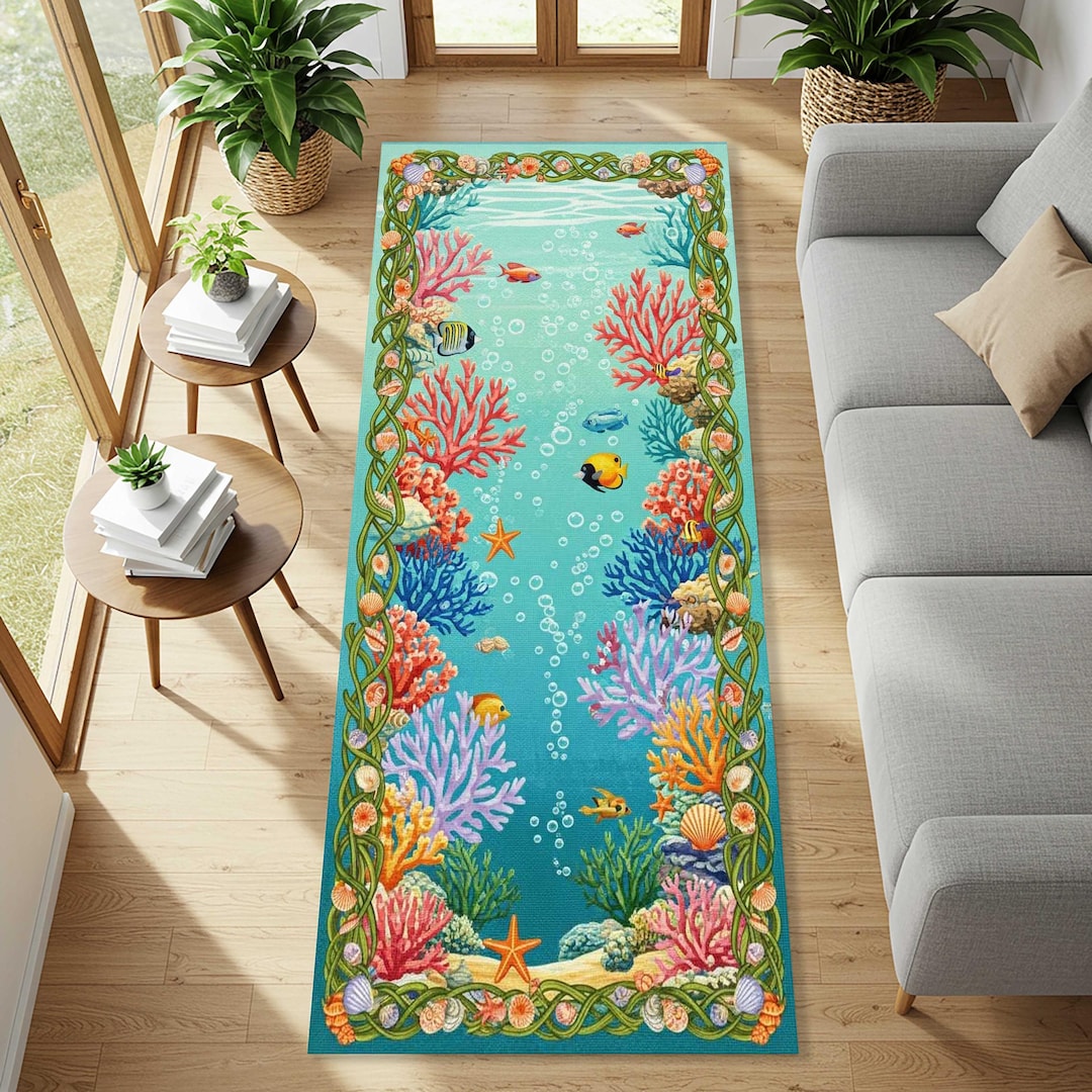 Aquatic Rug Coastal Coral Reef Runner Rug Tropical Fish Hallway Carpet Underwater ...