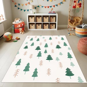 Scandinavian Kids Rug, Minimalist Pine Tree Carpet, Montessori Forest Room Decor, Nature Theme Play Mat for Toddlers and Nursery Rooms